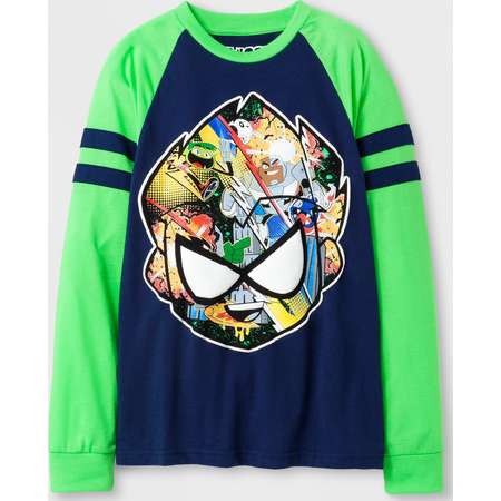 Boys' Teen Titans Long Sleeve Graphic T-Shirt - Navy/Neon Green thumb