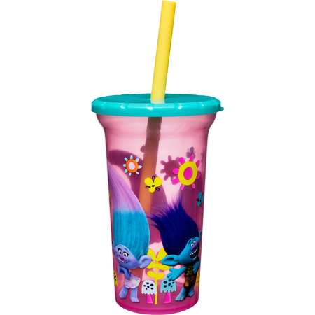 Trolls Zak Designs Plastic Tumbler With Lid & Straw 15oz - Pink/Yellow thumb