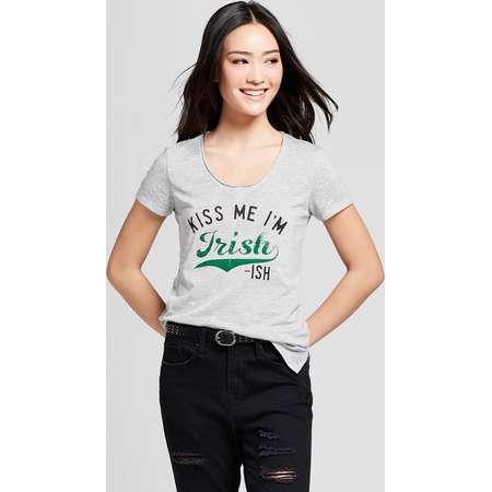 Women's St. Patrick's Day Kiss Me I'm Irish-Ish Printed Short Sleeve V-Neck Graphic T-Shirt - Grayson Threads (Juniors') - Gray thumb