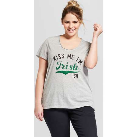 Women's Plus Size St. Patrick's Day Kiss Me I'm Irish-Ish Printed Short Sleeve V-Neck Graphic T-Shirt - Grayson Threads (Juniors') - Gray thumb