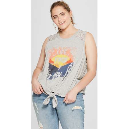 Women's Jurassic Park Plus Size Life Finds A Way Tie Front Lace Graphic Tank Top (Juniors') Heather Gray thumb