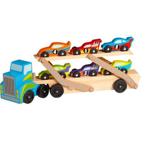 Melissa & Doug® Mega Race-Car Carrier - Wooden Tractor and Trailer With 6 Unique Race Cars thumb