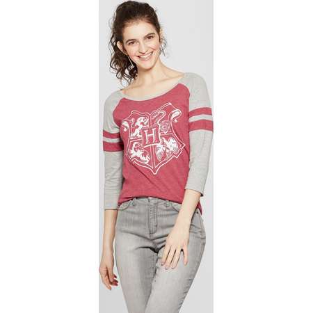 Women's Harry Potter 3/4 Sleeve Hogwarts Crest Raglan Graphic T-Shirt (Juniors') Burgundy thumb