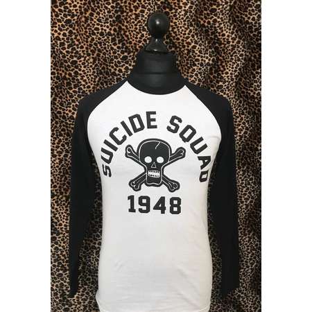 Mens Fruit Of The Loom Long Sleeve Baseball T-Shirt Black & White Suicide Squad 1948 Rockabilly Rocker Biker Skull And Cross Bones thumb