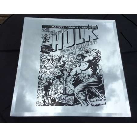Hulk 181 Engraved Mirror - 12 inch Square Mirror engraved with the Incredible Hulk 181 Cover - First Wolverine Appearance - Hottest Book thumb