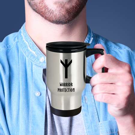 Warrior Protection Viking Rune Travel Mug Coffee on the go. While you're at it, flash some runes and make them look twice! Viking flair! thumb