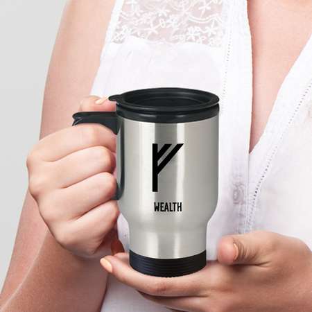 Wealth Viking Rune Travel Mug You drink coffee on the go. While you're at it, flash some runes and make them look twice! thumb