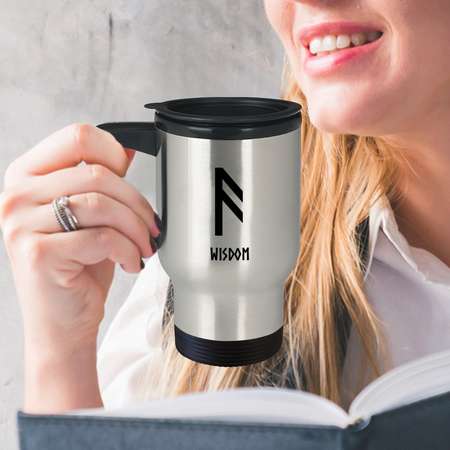 Wisdom Viking Rune Travel Mug You drink coffee on the go. While you're at it, flash some runes and make them look twice! thumb
