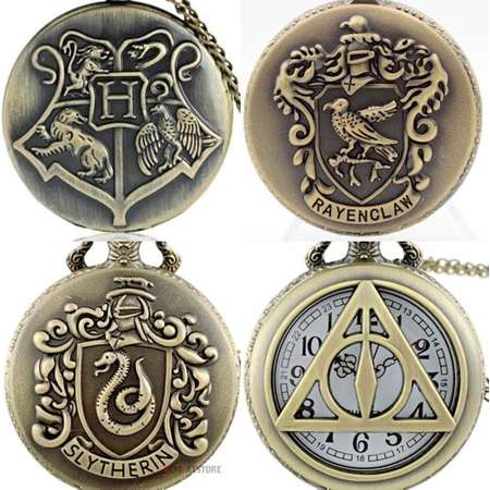Harry Potter Hogwarts House Crest Triangle Slytherin Ravenclaw Bronze Pocket Watch Necklace Magic Fantasy thumb