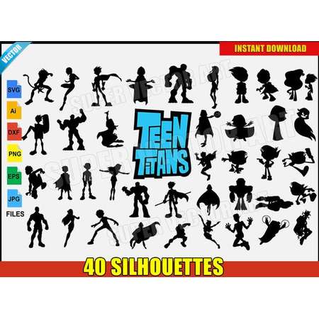 Teen Titans Vector Clipart Silhouette (SVG eps png) DC Movie Logo Robin Starfire Cyborg Raven Beastboy T-Shirt Sticker Vinyl Decal Party DIY thumb