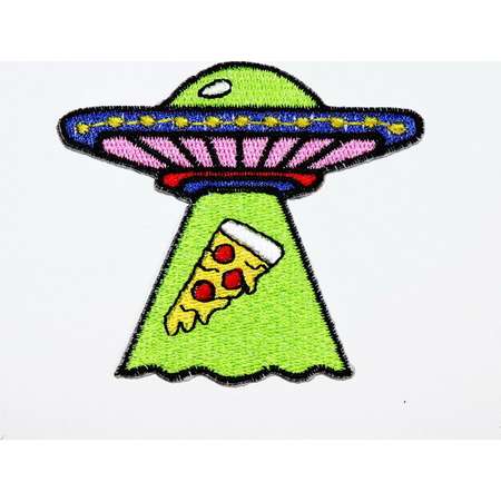 Funny Alien Patch UFO Flying saucer Kidnap Pizza Joke Cartoon Emblem Applique DIY Clothes Jean Jacket backpack Cap Embroidered Iron on Patch thumb