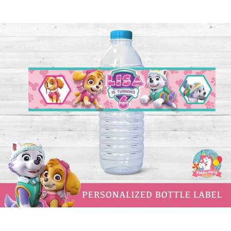 Paw Patrol girls Birthday water bottle labels party supplies, everest water bottle, skye water labels, everest skye bottle labels thumb