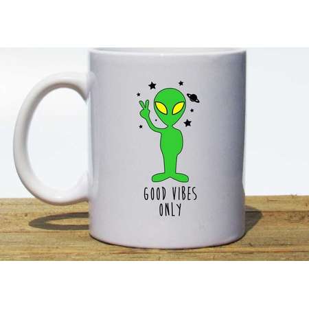 Good Vibes Only Coffee Mug > Alien Coffee Mug > Good Vibes Only Alien > Coffee Mug > Coffee Cup > Green Coffee Mug > Alien Travel Mug thumb