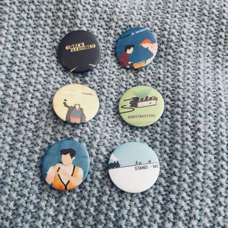 1980’S MOVIE BUTTONS SET of Six Unique Pin Designs Back to the Future Sixteen Candles Breakfast Club Ghostbusters Ferris Butler Stand by Me thumb