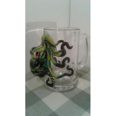 Happy green octopus mug , beer mug , kraken , pirate mug , Cthulhu's pimp cup , mermaid, ocean , sea monster glass , alien, tentacle mug thumb