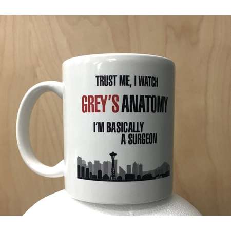 Trust Me I Watch Grey's Anatomy I'm Basically A Surgeon Coffee Mug Meredith Grey Cristina Yang TV Show Cup Funny Humor Gray's Gift Idea thumb
