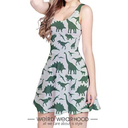 Army Green Reversible Sleeveless Party Dress Onepiece with Dinosaur Painting Design (Jurassic Park Edition) thumb