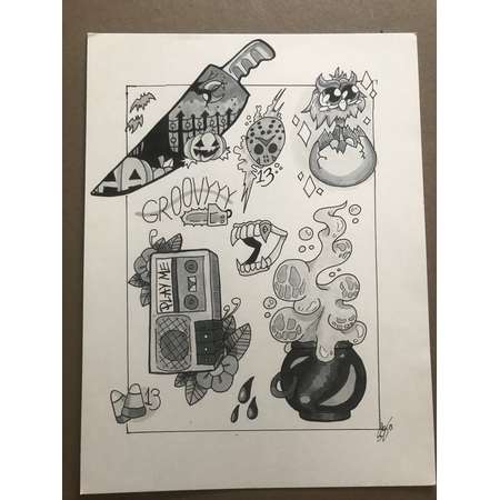 Halloween and Friday the 13th inspired tattoo flash thumb