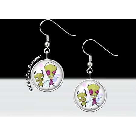 Zim and Gir Invader Zim Dangle Earrings - Animation Cartoon Accessory - Jhonen Vasquez Gift - Robot Comic Book Alien Jewelry - 16mm Silver thumb