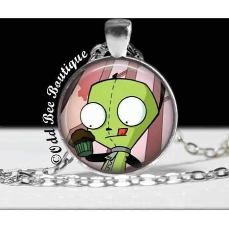 Invader Zim GIR Cupcake Necklace - Animation Cartoon Jewelry - Jhonen Vasquez - Robot Comic Book Alien Jewelry - 1" Silver and Glass Pendant thumb