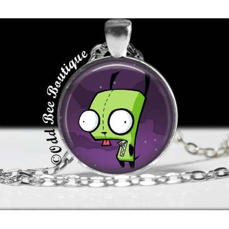 Invader Zim GIR Dog Necklace - Animation Cartoon Jewelry - Jhonen Vasquez - Robot Comic Book Alien Jewelry - 1" Silver and Glass Pendant thumb