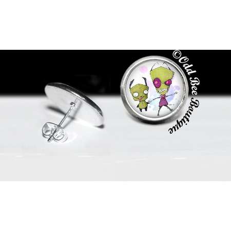 Zim and Gir Invader Zim Stud Earrings - Animation Cartoon Accessory - Jhonen Vasquez Gift - Robot Comic Book Alien Jewelry - 16mm Silver thumb