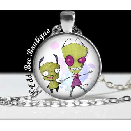 Zim and Gir Invader Zim Necklace - Animation Cartoon Accessory - Jhonen Vasquez Gift - Robot Comic Book Alien Jewelry - 1" Silver and Glass thumb