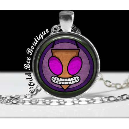 Invader Symbol Necklace - Animation Cartoon Jewelry - Jhonen Vasquez - Robot Comic Book Alien Jewelry - 1" Silver and Glass Pendant thumb