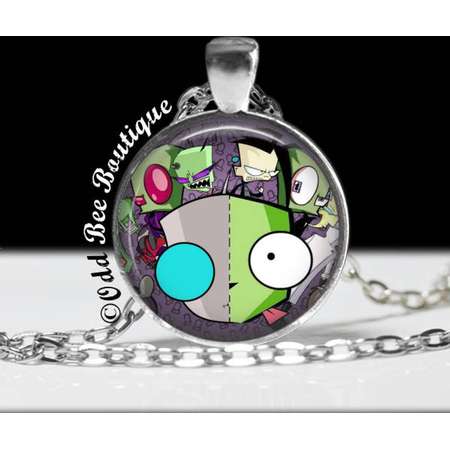 Invader Zim Characters Necklace - Animation Cartoon Jewelry - Jhonen Vasquez - Robot Comic Book Alien Jewelry - 1" Silver and Glass Pendant thumb
