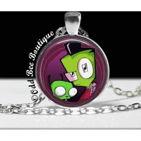 Zim and Gir Invader Zim Necklace - Animation Cartoon Jewelry - Jhonen Vasquez - Robot Comic Book Alien Jewelry - 1" Silver and Glass Pendant thumb