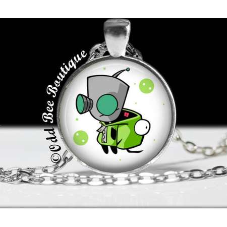 Invader Zim GIR Necklace-Animation Cartoon Nickelodeon Jhonen Vasquez Robot Comic Book Alien Jewelry-1" Silver and Glass Pendant thumb