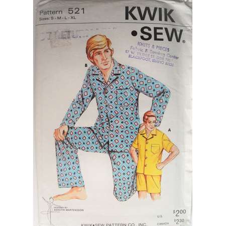 Men's Pajamas, Classic Pajamas Shirt Pants Shorts, Kwik Sew 521, Size S M L XL, Sewing Pattern, Vintage 1970s, Men's Sleepwear thumb