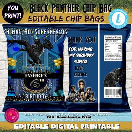 Editable Black Panther Birthday Chip Favor Bag Printable, Personalized Black Panther favor bag, Edit with Templett, Birthday Candy Bags thumb