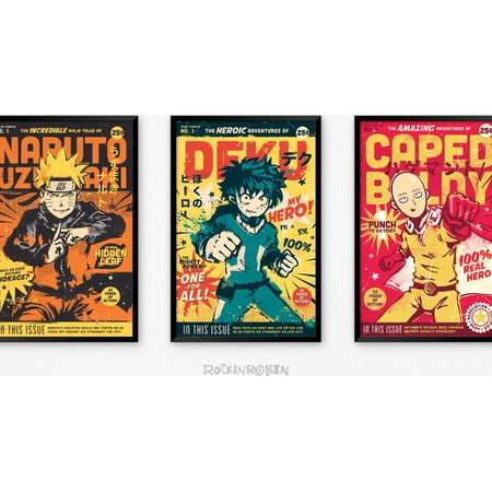 Naruto, Boku No Hero Deku, One Punch Man Comic Book Art Posters thumb