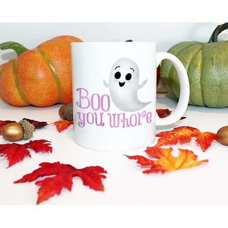 Funny Mug 11oz or 15oz - Boo You Whore - Mean Girls Movie Lover Quote Regina George Glen Coco The Plastics Halloween Pun Ghost Coffee Mugs thumb