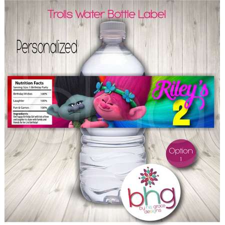 PERSONALIZED - Trolls Water Bottle Label - Trolls Birthday Water Bottle Label - 3 Options Available - Poppy - Branch - Trolls Party Favor thumb