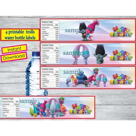 Instant DL, Trolls water bottle labels- Trolls party, Trolls Tags, Trolls birthday,Printable Tags thumb