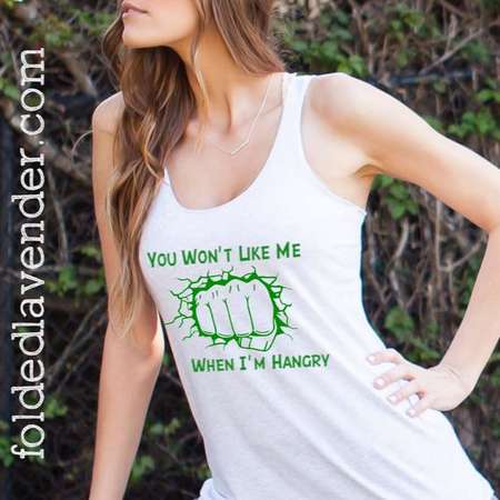 YOU WON'T Like Me When I'm HANGRY: Tank in Heather White/Green Ink, Marvel Incredible Hulk Crossfit Gym Tank Pilates Barre Yoga Top thumb