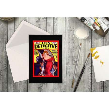 Sexy Pin Up Digital Card of Pulp Fiction Gum Shoe Detective. Retro Vintage Comic Book Cover Blank Cards with Red Dress Lady and Plane. thumb