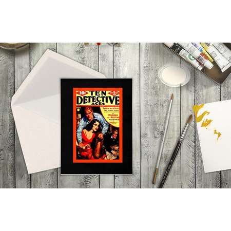 Comics Detective Blank Card of Gum Shoe with Pin-Up in Sexy Red Dress. Pulp Fiction Comic Book Cover Art Any Occassion Card. Vogue. Gun. thumb