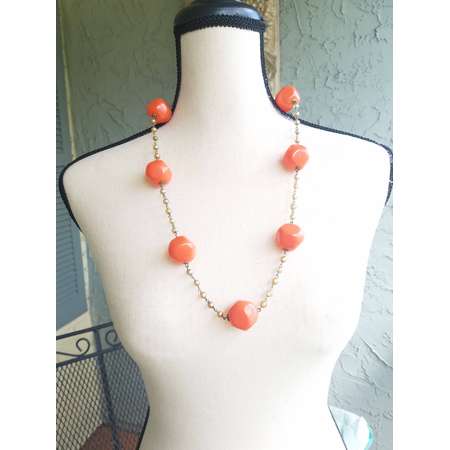 1940s Coral Acrylic Glass Necklace Set Beaded Clip Earrings Vintage Costume Jewelry Coco Chanel Miriam Haskell Style Statement Designer thumb