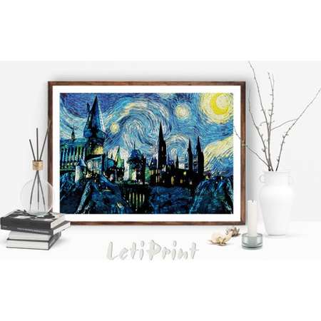 Harry Potter Print, Harry Potter Art Print, Hogwarts Art Decor, Harry Potter Wall Art, Harry Potter Poster, Starry Night Van Gogh Art Print thumb
