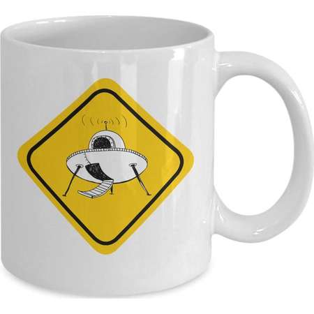 Funny Alien Abduction Coffee Mug Gift - Geeky UFO Abduction Mug - Caution Get In Flying Saucer - Gift for Believers in UFO's and Spaceships thumb