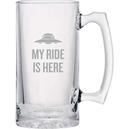 Funny UFO Beer Mug - My Ride Is Here - UFO Hunting - Alien Beer Glass - Extraterrestrial - Ufology Gift - Flying Saucer thumb