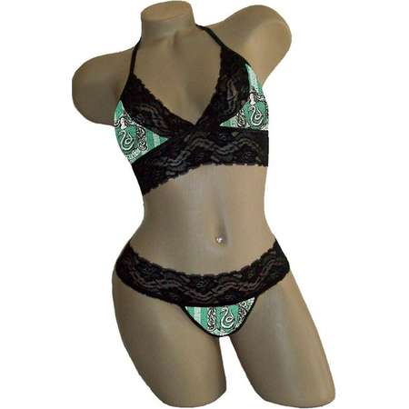 Harry Potter Slytherin Sexy Black Lace Cami Tie-Top, Matching G-String Panties Lingerie - MADE with LICENSED Fabric - Custom Sizing thumb