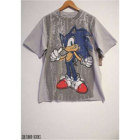 Retro 90s Sonic The Hedgehog Tire Tracks Sega Faded Light Gray T-shirt- Size Men's Large (Cotton) thumb