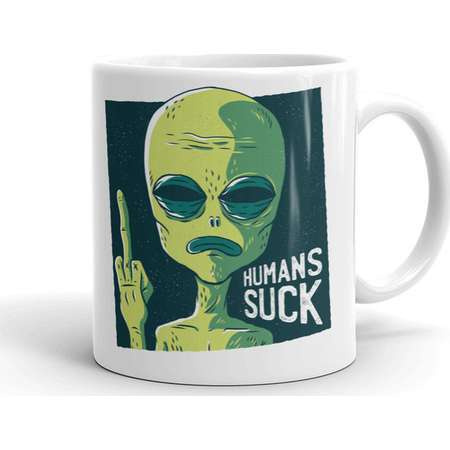 11oz Ceramic Coffee Novelty Mug, Drink Cup, Outer Space Alien UFO Humans Suck Coffee Cup, Kitchen Drinkware. Housewarming Gift, Bar Ware thumb