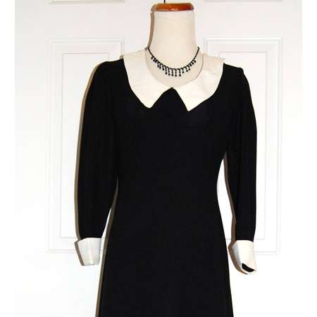 1970s Black Dress Maxi Midi Adams Family Dress Goth Halloween Costume Winter White School Girl Collar Cuff Sleeves Crepe Fabric size Med thumb