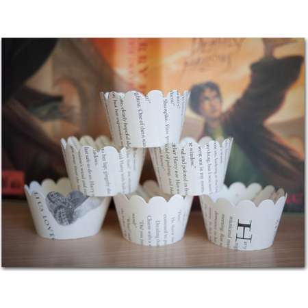 12 Cupcake Wrappers - Harry Potter - Book pages - Wizard party, Gryffindor, Ravenclaw, Hufflepuff, Slytherin - Ready to ship thumb