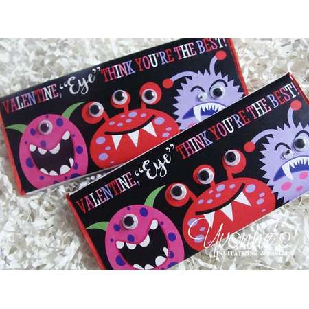 Valentine Candy Bar Wrapper or Chocolate Bar Favor Assembled-Monster Eyes-Space Aliens-Monster Birthday-Party Design-School-Class Party thumb